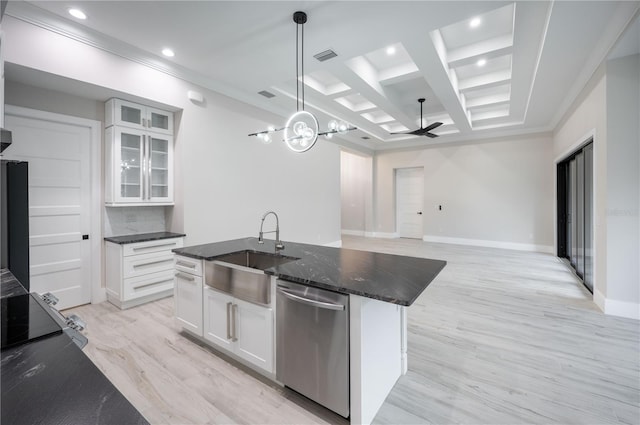 kitchen featuring light hardwood / wood-style flooring, stainless steel dishwasher, a center island with sink, pendant lighting, and coffered ceiling