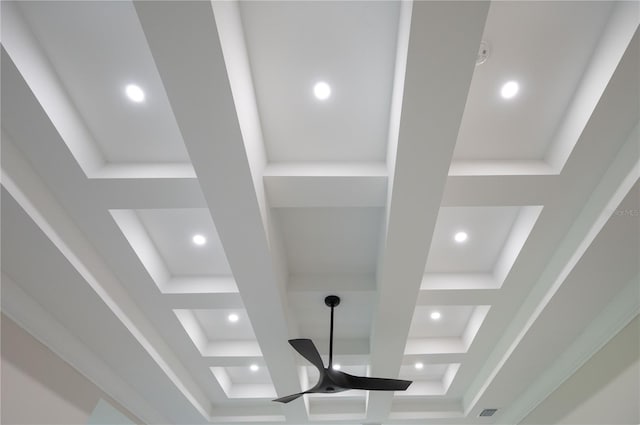 room details with beamed ceiling and coffered ceiling