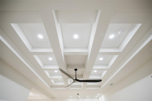 room details with coffered ceiling and beamed ceiling