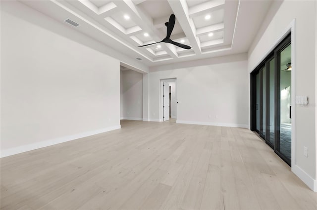 unfurnished room featuring beam ceiling, coffered ceiling, ceiling fan, and light wood-type flooring