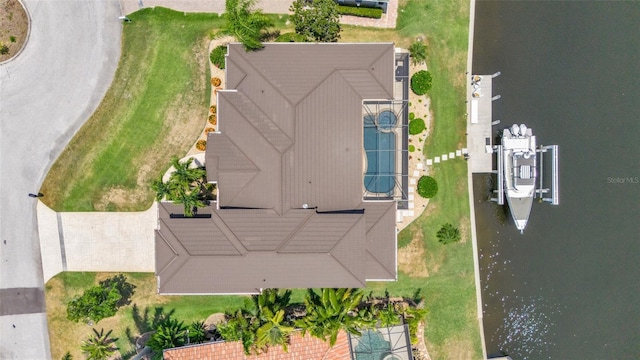 drone / aerial view featuring a water view