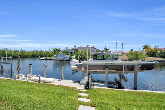 dock area with a water view and a yard