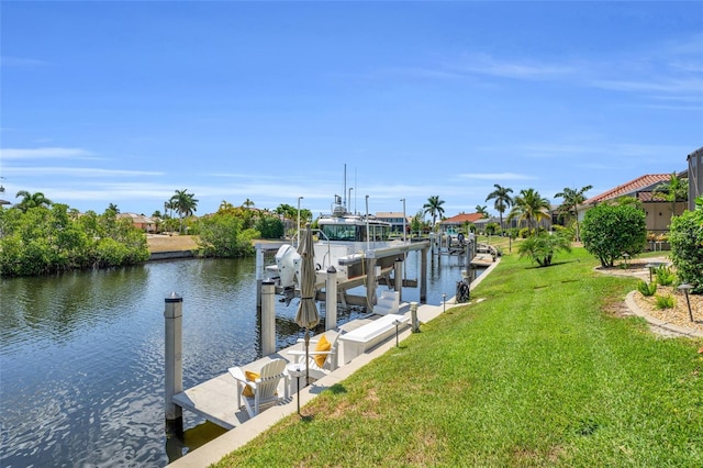 view of dock featuring a water view and a lawn