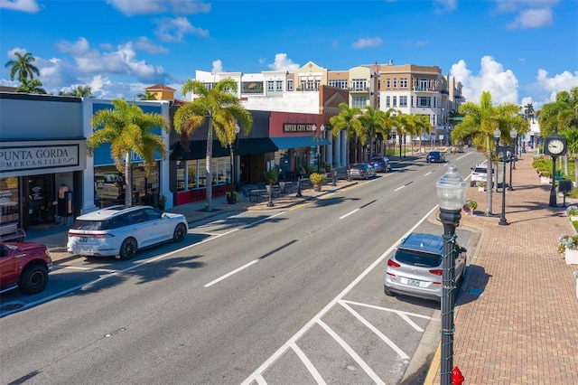 view of street with curbs, street lighting, and sidewalks