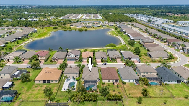 bird's eye view with a water view