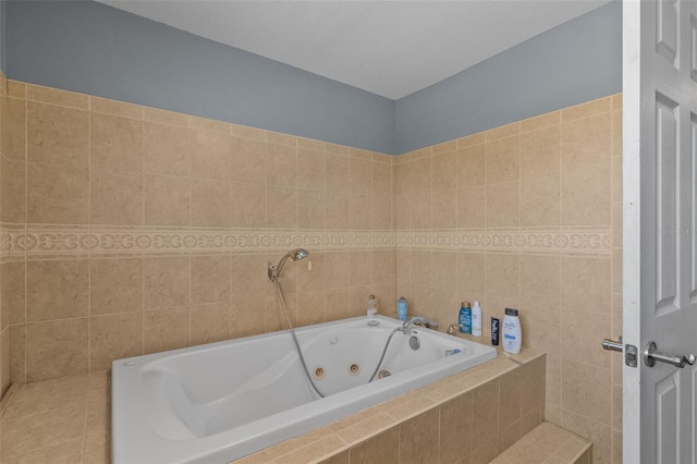 bathroom with a relaxing tiled tub