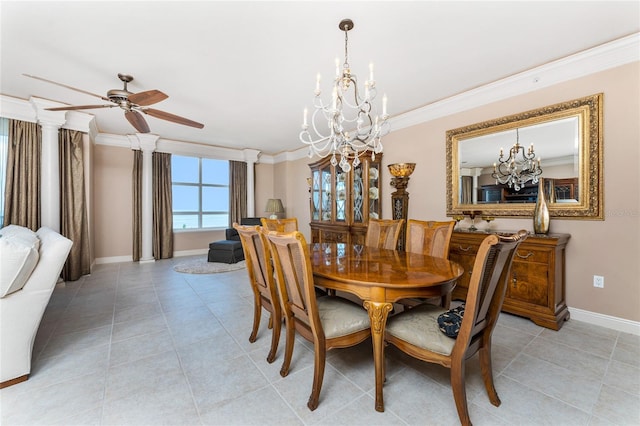 dining area with ceiling fan and crown molding