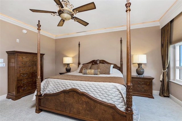 bedroom with light carpet, ceiling fan, and ornamental molding