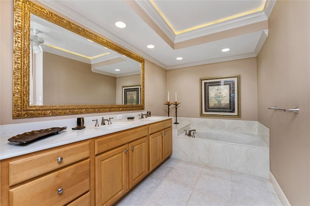 bathroom featuring a relaxing tiled tub, tile patterned flooring, crown molding, and vanity