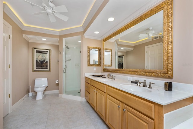 bathroom with ornamental molding, a shower with door, ceiling fan, and toilet