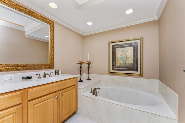 bathroom with ornamental molding, a bathtub, tile patterned floors, and vanity