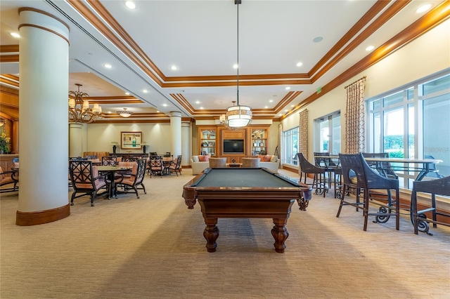 playroom featuring an inviting chandelier, decorative columns, billiards, light carpet, and ornamental molding