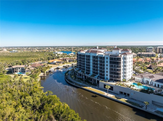 bird's eye view with a water view