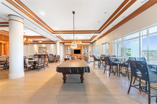 rec room with decorative columns, ornamental molding, pool table, and light hardwood / wood-style floors