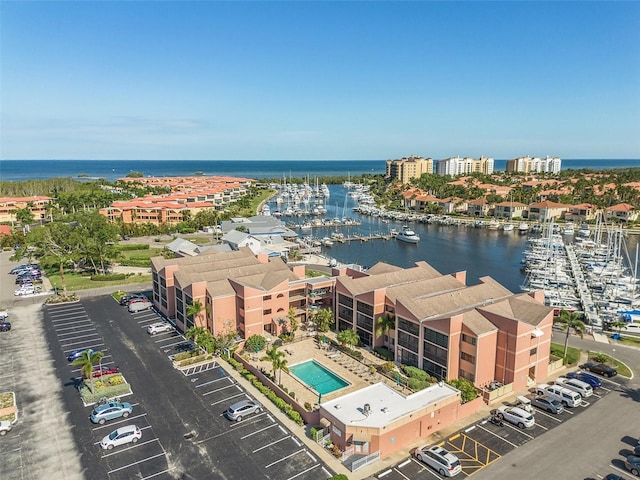 aerial view featuring a water view