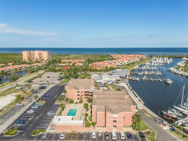 drone / aerial view featuring a water view