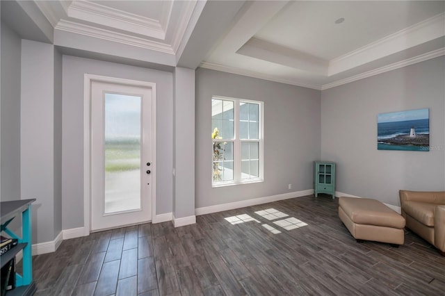 living area with dark wood-type flooring, a tray ceiling, and ornamental molding