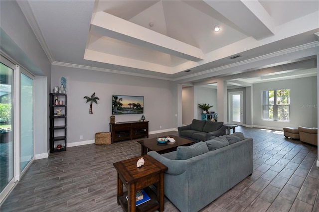 living room featuring ornamental molding and dark hardwood / wood-style floors