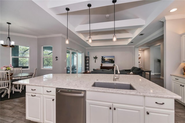 kitchen featuring stainless steel dishwasher, sink, ornamental molding, and white cabinets