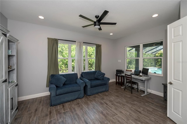 interior space featuring dark wood-type flooring, ceiling fan, and plenty of natural light