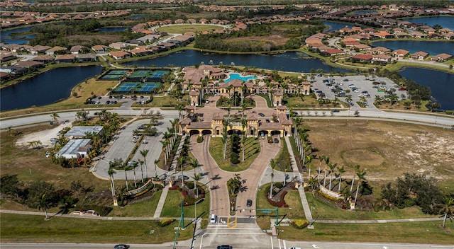 bird's eye view with a water view