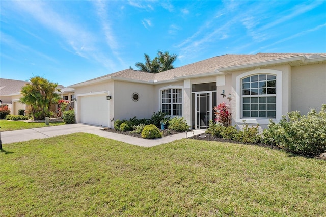 single story home with a front lawn and a garage