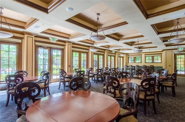 carpeted dining area with coffered ceiling, beam ceiling, crown molding, and french doors