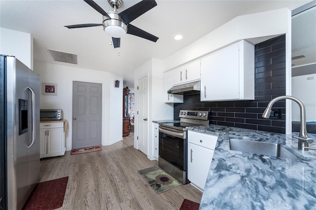 kitchen with appliances with stainless steel finishes, sink, backsplash, white cabinets, and light wood-type flooring