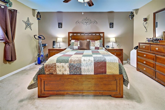 bedroom featuring light carpet and ceiling fan