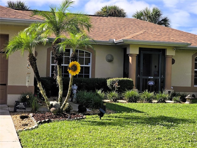 view of front facade featuring stucco siding, a shingled roof, and a front yard