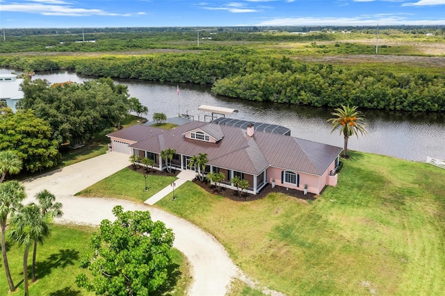 aerial view featuring a water view