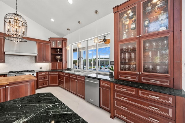 kitchen with decorative light fixtures, custom range hood, light tile flooring, dishwasher, and lofted ceiling