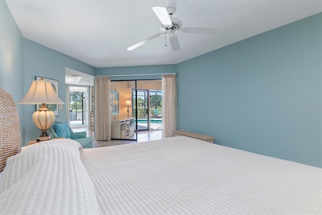 bedroom featuring access to outside and ceiling fan