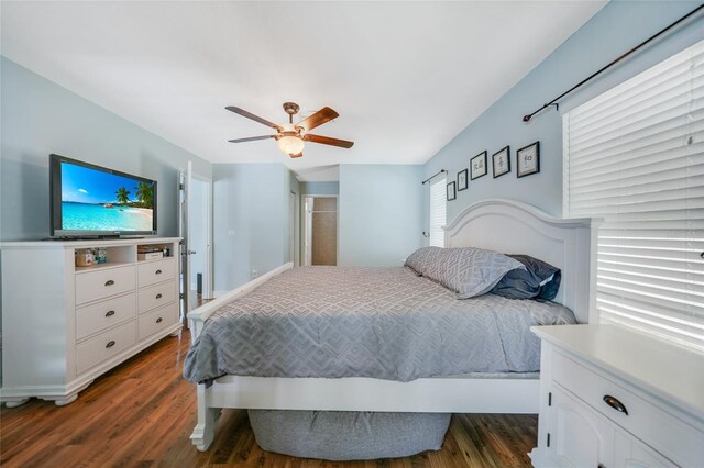 bedroom with ceiling fan and dark hardwood / wood-style floors