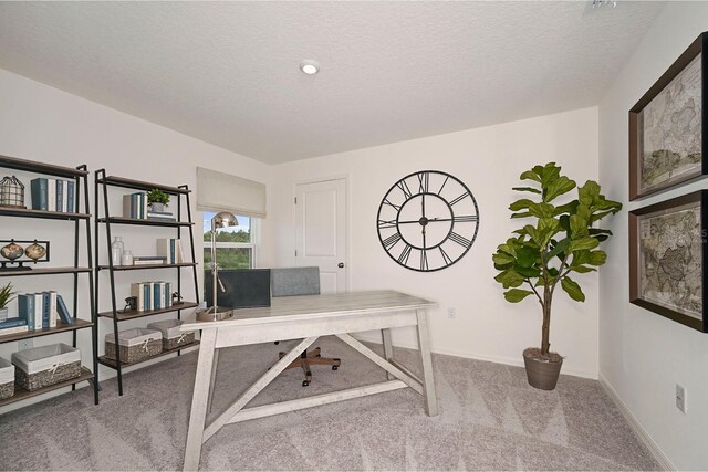 office with a textured ceiling and carpet