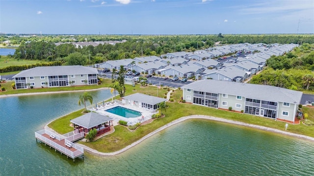 drone / aerial view featuring a water view