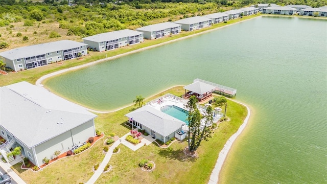 drone / aerial view featuring a water view