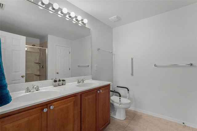 bathroom with vanity, toilet, a shower with shower door, and tile patterned flooring