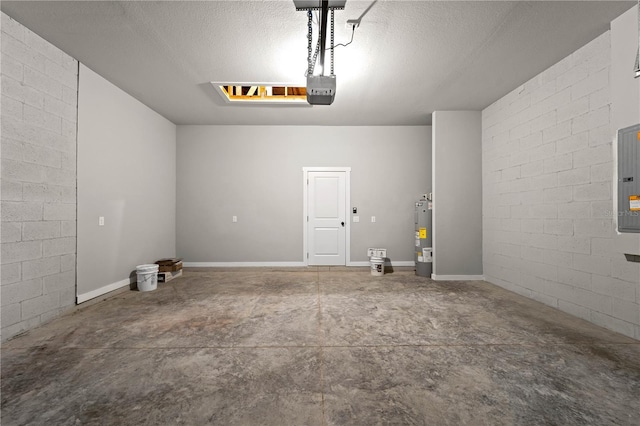 garage with water heater and a garage door opener