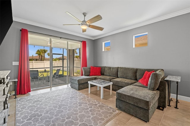 tiled living room featuring ceiling fan and crown molding