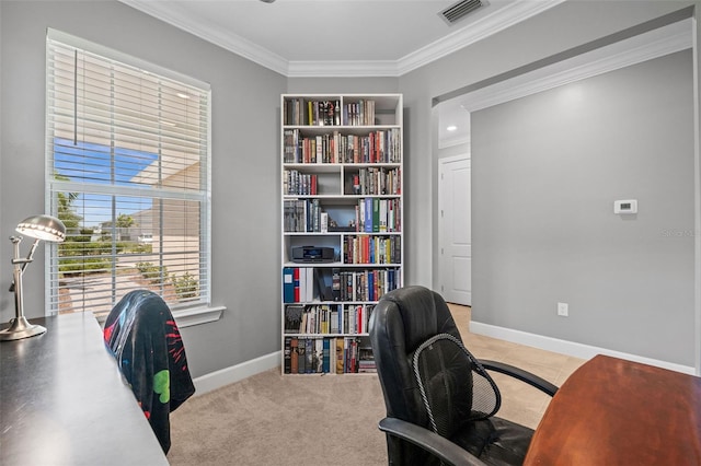 office area featuring light carpet and ornamental molding