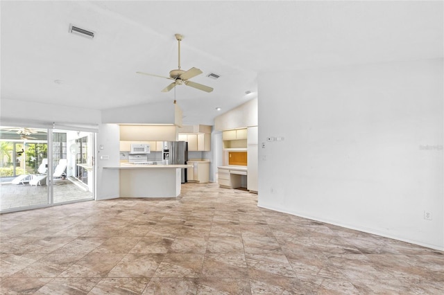 unfurnished living room featuring ceiling fan and high vaulted ceiling