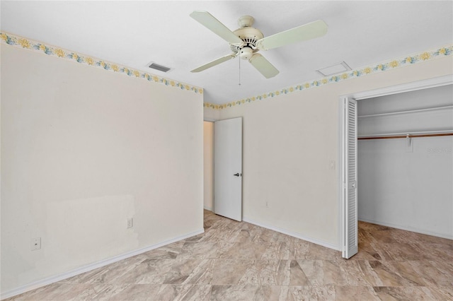 unfurnished bedroom with a closet and ceiling fan