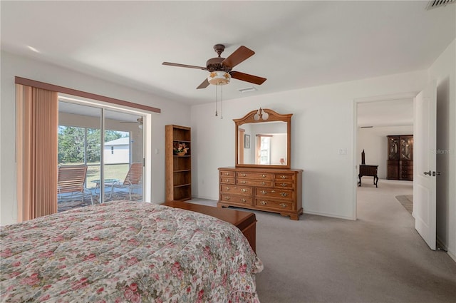 bedroom featuring access to exterior, ceiling fan, and light carpet