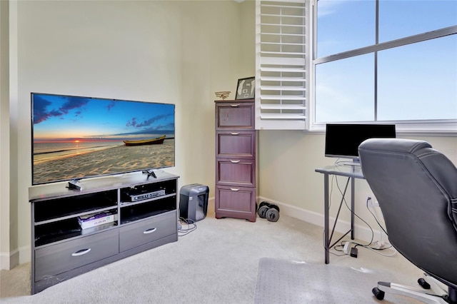 home office with light colored carpet