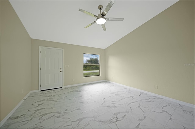 unfurnished room featuring ceiling fan and lofted ceiling