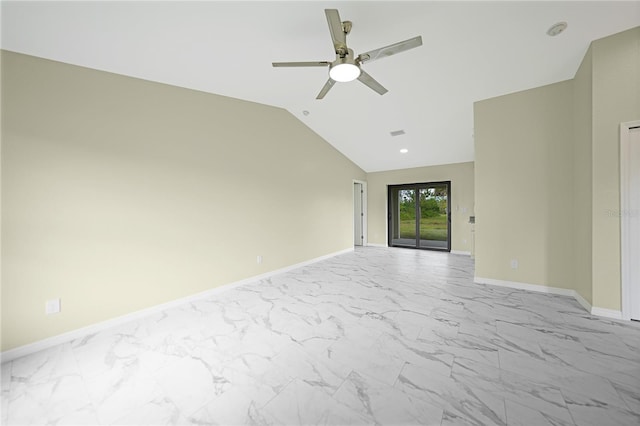 unfurnished room featuring ceiling fan, visible vents, baseboards, vaulted ceiling, and marble finish floor