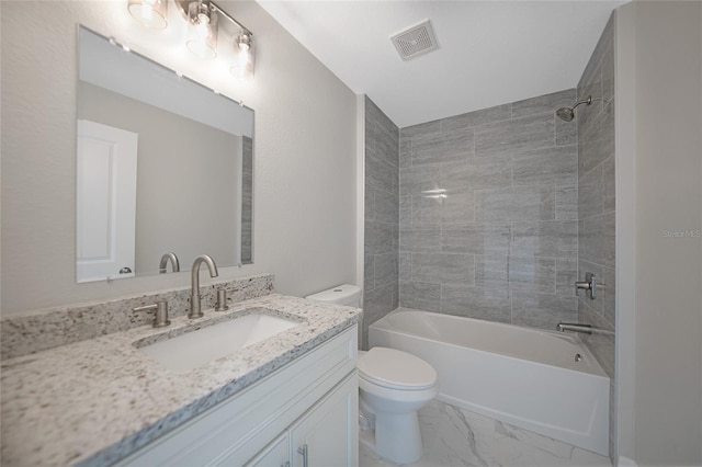 full bath with marble finish floor, visible vents, toilet, tub / shower combination, and vanity