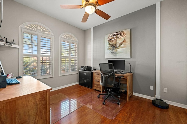 office space featuring hardwood / wood-style floors and ceiling fan