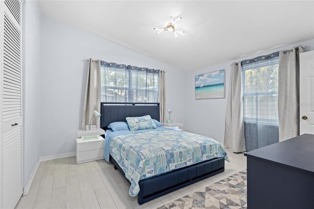 bedroom featuring a closet, multiple windows, and vaulted ceiling